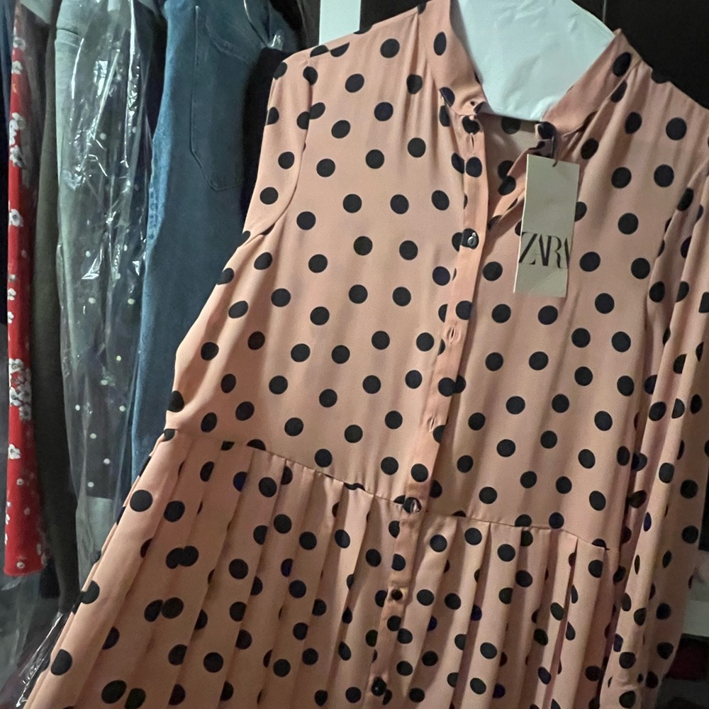 Zara Midi Dress- light pink with black polka dots.